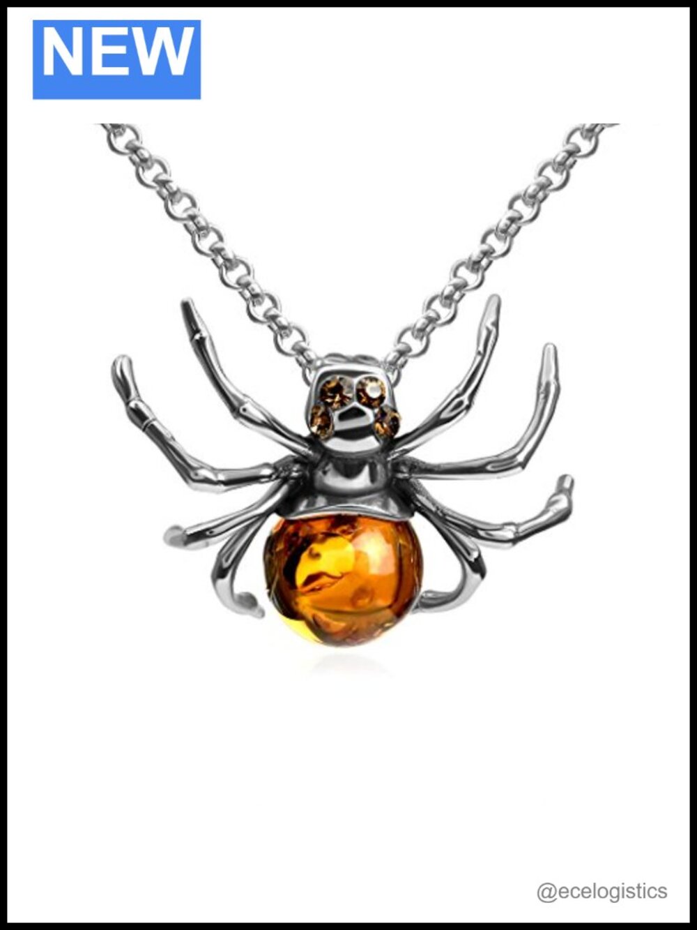 Amber Sterling Silver Spider Pendant Necklace 18 Inches